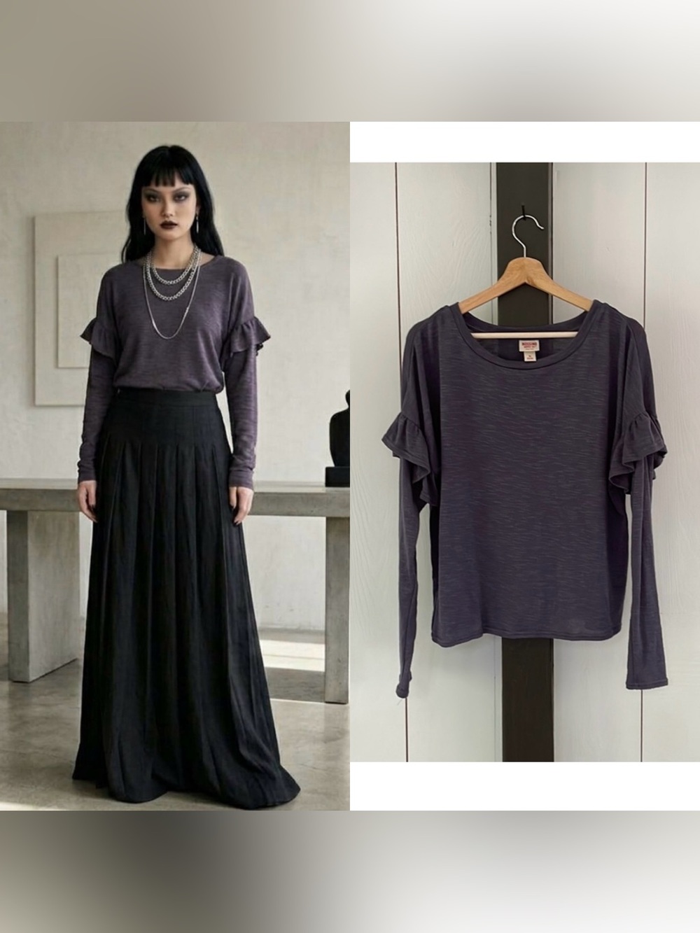Vintage Y2K Long Sleeve Knit Top Sz M Gray Ruffle Sleeve Whimsigoth